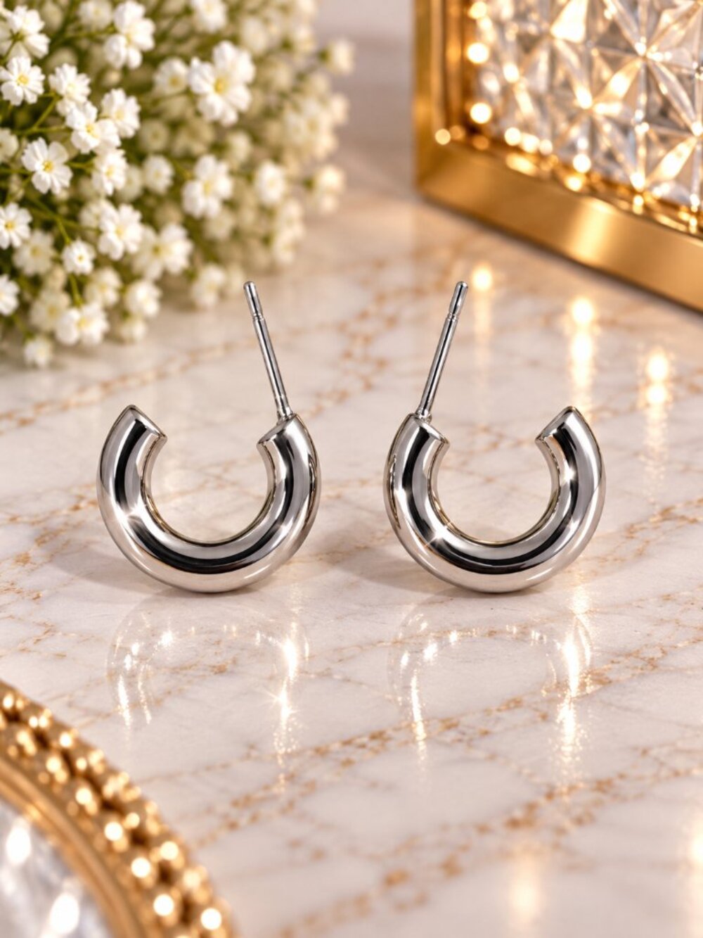 Silver Chunky C Hoop Earrings Polished Minimalist Small Hoops - Fashion Jewelry